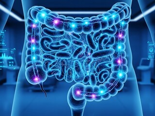 Digital Illustration of Human Digestive System with Glowing Lights.