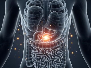 Human Digestive System Anatomy with Glowing Stomach and Intestines.