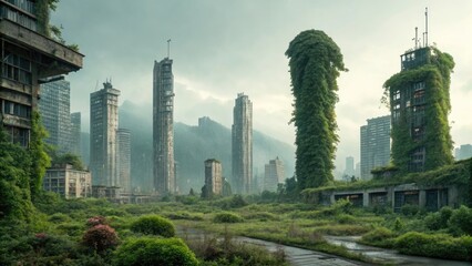Fototapeta premium Abandoned futuristic city partially reclaimed by alien vegetation. 