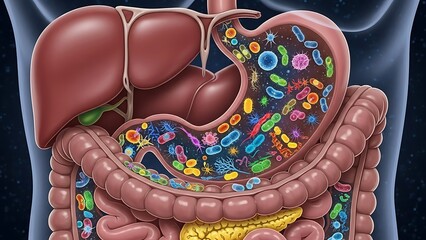 Microscopic View of Human Digestive System Filled with Diverse Bacteria and Microorganisms.