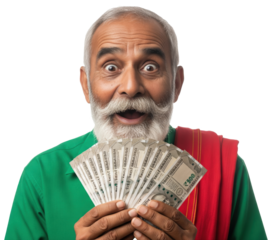 happy indian farmer holding notes standing on white background