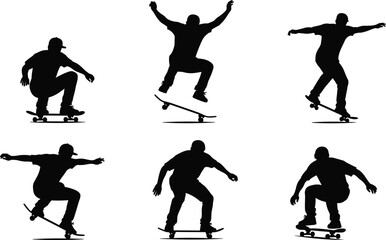 Obraz premium Six silhouettes of skateboarder performing dynamic tricks, jumps, and stunts, showcasing balance, motion, skill, and extreme urban skateboarding culture