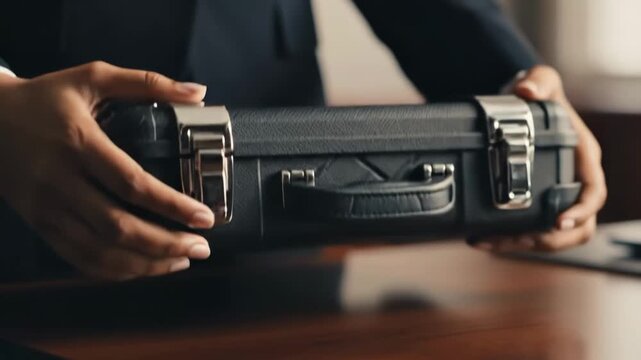 Businessman in a suit zipping up a black leather briefcase on a wooden desk