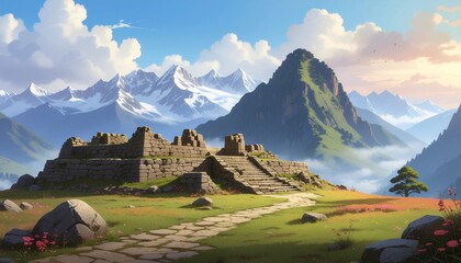 A picturesque scene of ancient ruins amidst a dramatic mountain landscape, featuring historical stone structures, towering peaks, and a winding path under a serene sky, evoking ancient civilizations