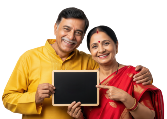 An Indian couple in festive traditional attire hold a slate with Devanagari text and smile