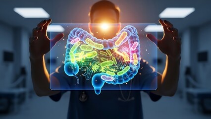 Doctor Displays Holographic Intestine with Vibrant Microbiome in Medical Lab.