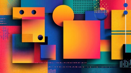 A vibrant abstract composition featuring overlapping geometric shapes and gradients in a dynamic, colorful display