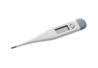 Digital Thermometer Close-Up: A sleek, modern digital thermometer lies isolated, offering a clinical, scientific look at a tool of health.