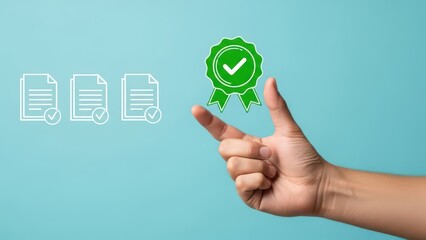 A hand pointing to a green check mark on a blue background with icons