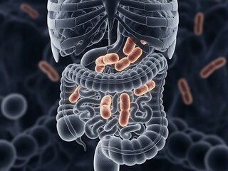 Microscopic View of Human Gut Microbiome Bacteria Inside Digestive System.