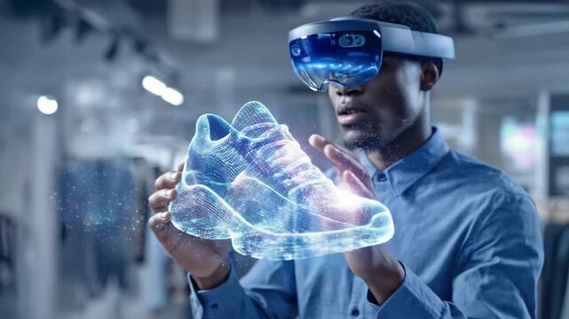 Man Explores Holographic Sneaker Display With Augmented Technology in a Digital Environment Using Mixed Reality Device