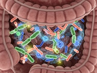 Microscopic View of Gut Microbiome Bacteria and Microorganisms in the Intestine.