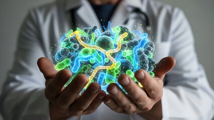 Doctor Holding Glowing Microscopic Organisms in Hands.