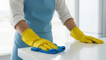 A person wearing yellow gloves and a blue apron cleaning a white surface with a blue cloth