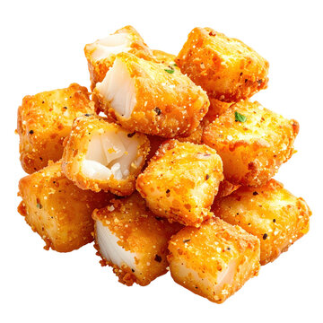 Savory golden salted cod bites isolated on white background, a traditional fried appetizer or snack from mediterranean and portuguese cuisine