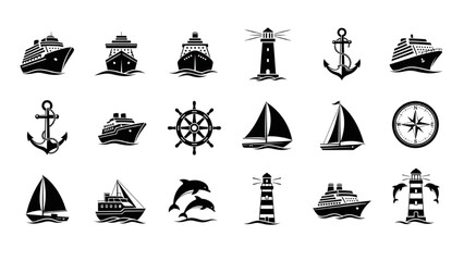 Maritime Nautical Icons Set Black Silhouette Vector Grid Design