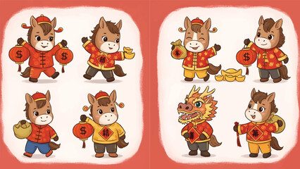 Obraz premium Joyful Cartoon Horses And Dragon Celebrating Lunar Festival