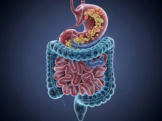 Human Digestive System Anatomy with Stomach and Intestines Detailed Illustration.