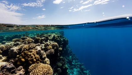 Over-under shot of a vibrant coral reef ecosystem teeming with life under a clear blue sky