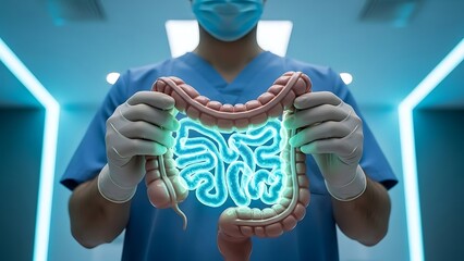 Doctor Displays Glowing Human Intestines Model for Medical Education.