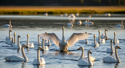 A Flock of Swans Grace a Serene Lake at Sunrise.