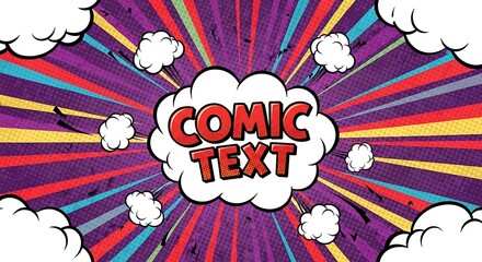 Explosion of Comic Text with Vibrant Radial Background and Clouds.