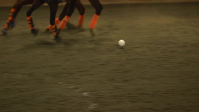Close up of polo athletes hitting ball