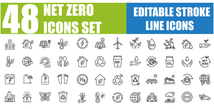 Net Zero Line Editable Icons Set - Environment, Recycling, Green Energy, Carbon Neutral, Eco-Friendly, Climate, Green City, Sustainability, Carbon Footprint, Clean Energy and More - Vector Illustratio