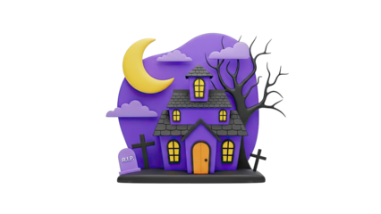 Spooky Halloween Haunted House with Moon and Tree