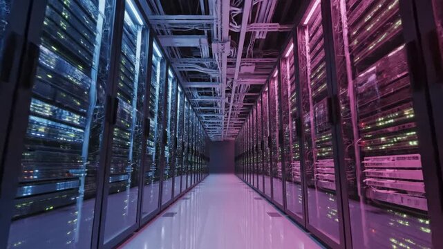 Symmetrical rows of digital infrastructure server racks illuminated by vibrant neon pink and blue lighting within a modern high-tech cloud data center facility housing advanced supercomputer hardware.