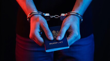 Arrested criminal hands with handcuffs holding passport
