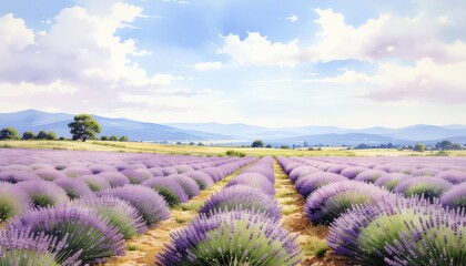 Serene and picturesque landscape featuring extensive rows of vibrant purple lavender flowers blooming under a peaceful sky with soft clouds and distant hills, evoking natural beauty and tranquility