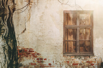 Weathered wooden window set in a decaying plaster wall, peeling paint revealing red brick below. A...