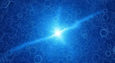 Abstract Blue Hexagonal Grid with Bright Light Burst.