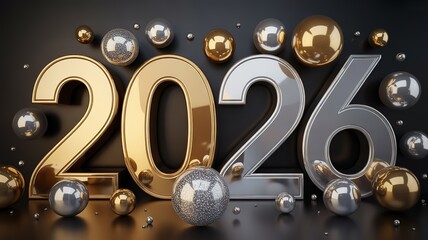 Elegant 2026 New Year Celebration with Gold and Silver Spheres on Dark Background for Festive Design Templates
