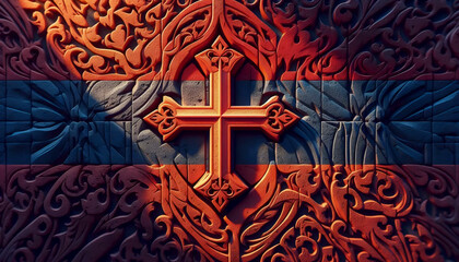 An Armenian flag in intricate stone cross-stones khachkars, Ai generated image