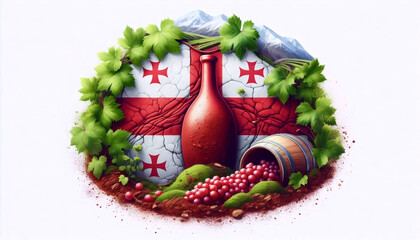 A Georgian flag in Caucasus mountain vineyards, Ai generated image
