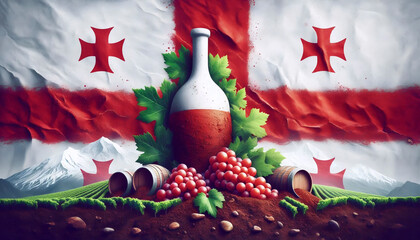 A Georgian flag in Caucasus mountain vineyards, Ai generated image