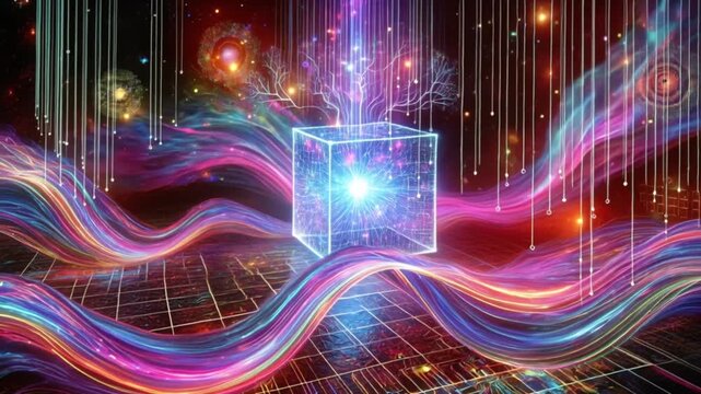 Surreal neon abstract visualization video of small language models with compact data structures and a futuristic efficient technology mood