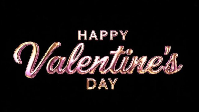 Happy Valentine's Day 3D text animation reveal with rose gold metallic finish on black background