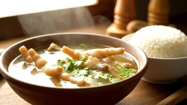 Steaming bowl of soup with fried breadsticks and herbs on a wooden table next to a bowl of rice.