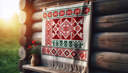 A Belarusian flag in folk textile ornament rushnik, Ai generated image