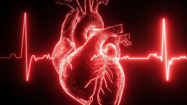 Futuristic glowing red neon wireframe human heart beating with EKG pulse line on black background