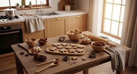 Cozy Kitchen Scene with Freshly Baked Cookies and Baking Ingredients.
