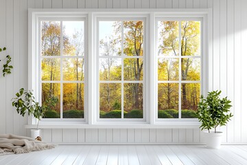 Bright white room with autumn trees visible through large windows