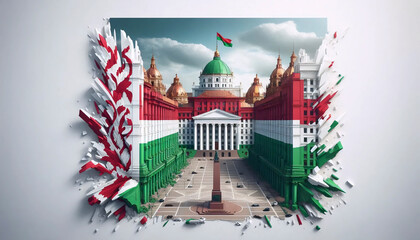 A Belarusian flag in Minsks modernist Soviet architecture, Ai generated image