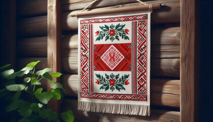 A Belarusian flag in folk textile ornament rushnik, Ai generated image