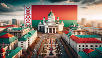 A Belarusian flag in Minsks modernist Soviet architecture, Ai generated image