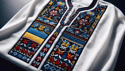 A Ukrainian flag in traditional embroidery vyshyvanka art, Ai generated image