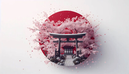 A Japanese flag in cherry blossom sakura spring festival, Ai generated image